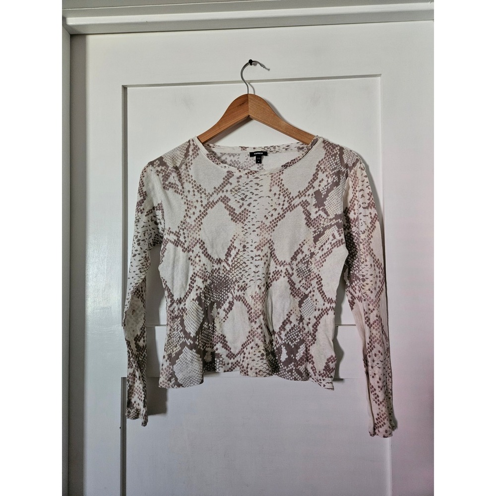 Express Snakeskin Print Long Sleeve Top Women's Medium Neutral Python